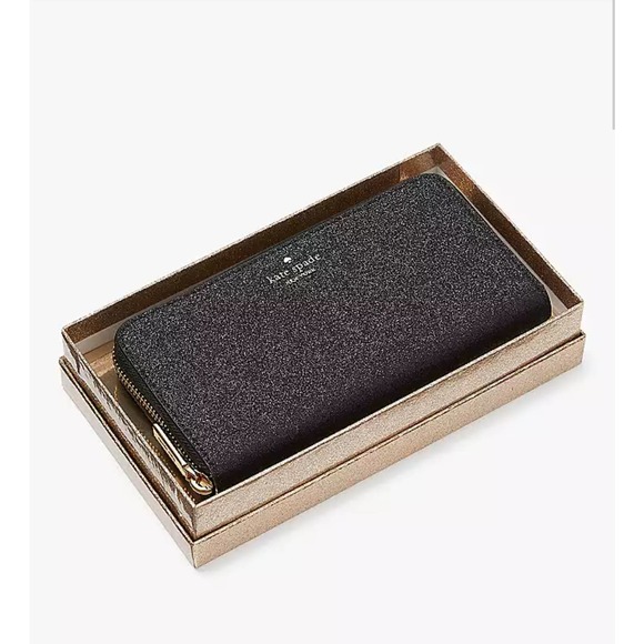KATE SPADE BOXED SHIMMY GLITTER LARGE CONTINENTAL WALLET IN BLACK - Picture 1 of 5
